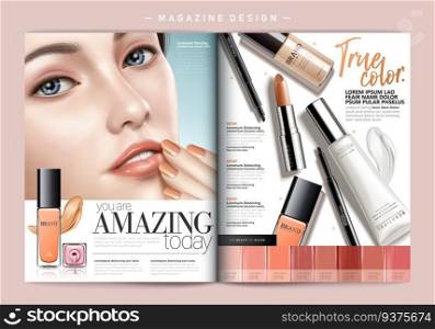 Fashion magazine template, attractive model with spring makeup, lip gloss and nail palette elements in 3d illustration. Fashion magazine template