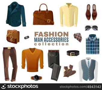 Fashion Man Accessories Collection. Flat design fashion business man formal wear and accessories collection on white background isolated vector illustration