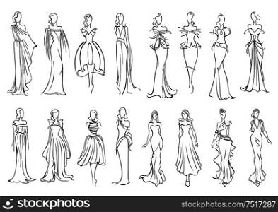 Fashion models sketched silhouettes with elegant young women in long sleeveless evening gowns and charming cocktail dresses. Fashion industry or shopping design usage. Girl in elegant evening and cocktail dresses icon
