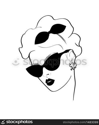 Fashion monochrome design sketch woman in style pop art. Glamour woman in black sunglasses lips. Black mouth speed girl fashion sketch.. Fashion monochrome design sketch woman in style pop art