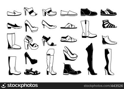 Fashion monochrome pictures. Silhouette of shoes for men and women. Fashion footwear female and male. Vector illustration. Fashion monochrome pictures. Silhouette of shoes for men and women