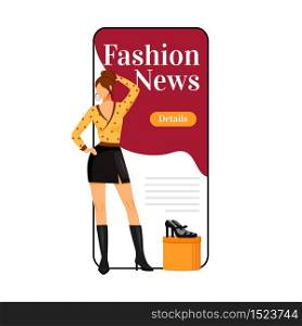 Fashion news cartoon smartphone vector app screen. Catwalk model style. New designer outfits. Mobile phone display with flat character design mockup. Fashion trends application telephone interface