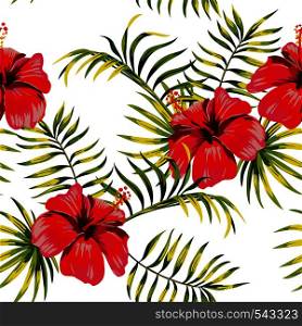 Fashion painting floral print seamless exotic pattern with tropical palm leaves and flowers hibiscus on a white background. Vector illustration.