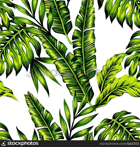 Fashion painting jungle wallpaper of exotic tropic plants of banana palm leaves. Print Hawaii seamless vector pattern on trendy white background