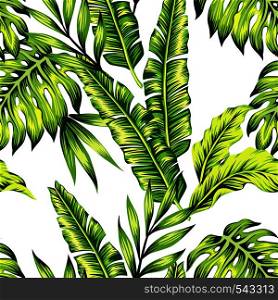 Fashion painting jungle wallpaper of exotic tropic plants of banana palm leaves. Print Hawaii seamless vector pattern on trendy white background