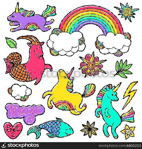 Fashion patch badge elements in cartoon 80s-90s comic style. Set modern trend doodle pop art sketch.. Fashion patch badge elements in cartoon 80s-90s comic style. Set modern trend doodle pop art sketch with rainbow unicorns. Vector clip art illustration isolated.