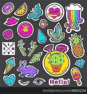 Fashion patch badge elements in cartoon 80s-90s comic style. Set modern trend doodle pop art sketch.. Fashion patch badge elements in cartoon 80s-90s comic style. Set modern trend doodle pop art sketch. Vector clip art illustration isolated.