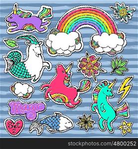Fashion patch badge elements in cartoon 80s-90s comic style. Set modern trend doodle pop art sketch.. Fashion patch badge elements in cartoon 80s-90s comic style. Set modern trend doodle pop art sketch with rainbow unicorns. Vector clip art illustration isolated.