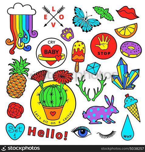 Fashion patch badge elements in cartoon 80s-90s comic style. Set modern trend doodle pop art sketch.. Fashion patch badge elements in cartoon 80s-90s comic style. Set modern trend doodle pop art sketch. Vector clip art illustration isolated.