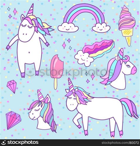 Fashion patch badges with unicorns. Fashion patch badges with unicorns, hearts, crystals, icecream, clouds, rainbow and other elements for girls design. Vector illustration on blue background. Set of stickers, pins, patches in cartoon comic style.