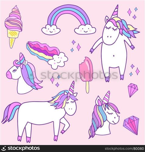 Fashion patch badges with unicorns. Fashion patch badges with unicorns, hearts, crystals, icecream, clouds, rainbow and other elements for girls design. Vector illustration on pink background. Set of stickers, pins, patches in cartoon comic style.