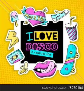 Fashion Patch Cool Disco Composition Poster. Fashionable patch disco design with heart skateboard sneakers pink blue cool party symbols composition poster vector illustration