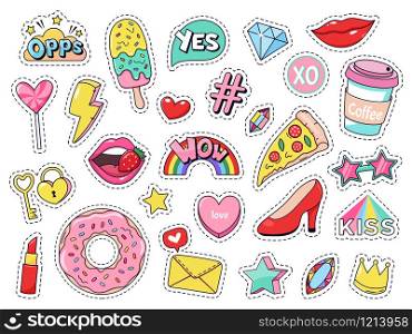 Fashion patches. Comic doodle girl badges, teenage cute cartoon stickers with funny food, pizza and donut, red lips and gems isolated vector illustration set. modern fabric 90s kawaii labels. Fashion patches. Comic doodle girl badges, teenage cute cartoon stickers with funny food, pizza and donut, red lips and gems isolated vector illustration set