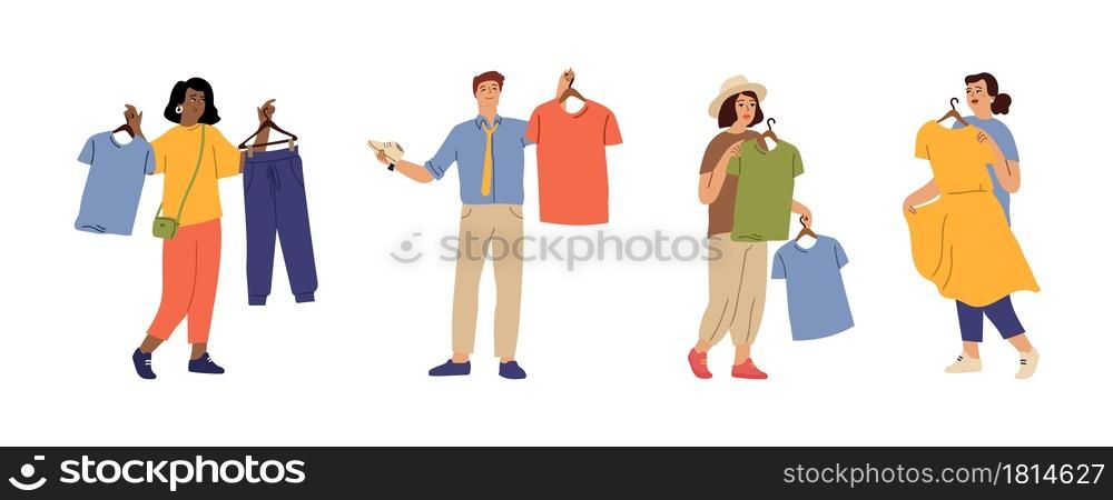 Fashion people. Person choose clothes, man woman think about new apparel. Isolated cartoon characters hold dress t-shirt shoes vector set. Shopping customer, clothing fashionable choosing illustration. Fashion people. Person choose clothes, man woman think about new apparel. Isolated cartoon characters hold dress t-shirt shoes vector set