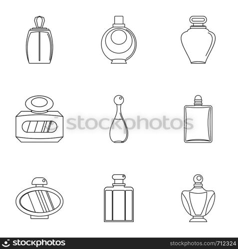 Fashion perfume bottle icon set. Outline set of 9 fashion perfume bottle vector icons for web isolated on white background. Fashion perfume bottle icon set, outline style