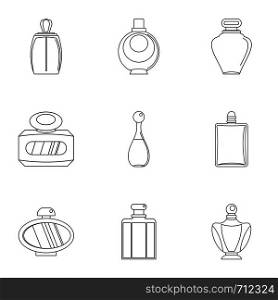 Fashion perfume bottle icon set. Outline set of 9 fashion perfume bottle vector icons for web isolated on white background. Fashion perfume bottle icon set, outline style