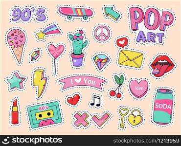 Fashion pop art patch stickers. Girls cartoon cute badges, doodle teenage patches with lipstick, cute food and 90s elements, retro sticker pack vector illustration icons with music cassette, lollipop. Fashion pop art patch stickers. Girls cartoon cute badges, doodle teenage patches with lipstick, cute food and 90s elements, retro sticker pack vector illustration icon set