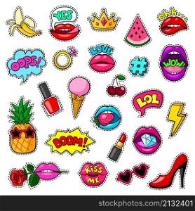 Fashion pop art patches. Girl badges, banana, ice cream and sexy lips. 80s style graphics, hipster icons. Isolated trendy retro comic garish vector elements. Illustration of print cartoon icon cool. Fashion pop art patches. Girl badges, banana, ice cream and sexy lips. 80s style graphics, hipster icons. Isolated trendy retro comic garish vector elements