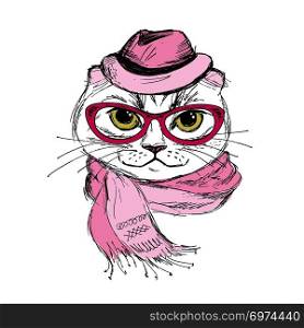 Fashion Portrait of Hipster Cat in Big Glasses,scarf and hat,hand drawn vector illustration. Fashion Portrait of Hipster Cat in Big Glasses,scarf and hat,han