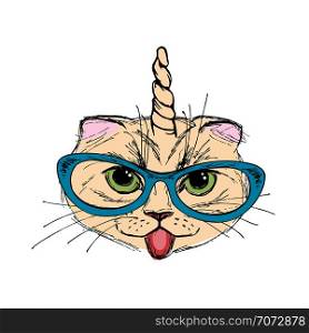 Fashion Portrait- Unicat,cute cat with horn,isolated on white background,hand drawn vector illustration. Fashion Portrait- Unicat,cute cat with horn,