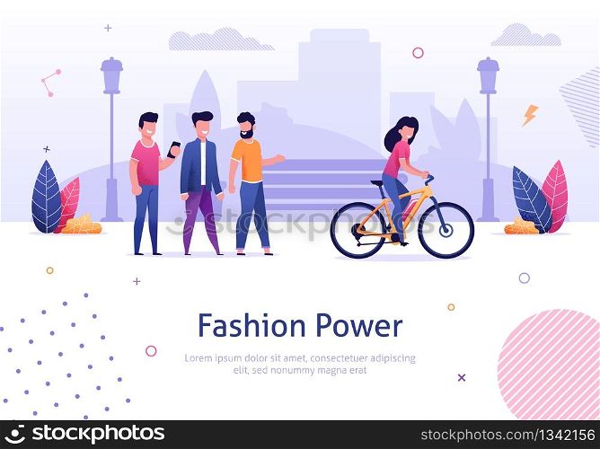 Fashion Power. Beautiful Woman Ride Electric Bicycle Man Looking Behind Vector Illustration. Cartoon Character Male Admire Attrative Girl Bike Rider. Smiling Female Bicyclist on City Street. Fashion Power Beautiful Woman Ride Electro Bicycle