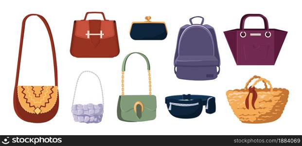 Fashion purse. Elegant glamour women clutch and everyday casual bags. Isolated trendy handbags. Modern backpack and shopper. Ladies outfit accessories collection. Vector stylish female clothing set. Fashion purse. Elegant glamour women clutch and everyday casual bags. Isolated trendy handbags. Backpack and shopper. Outfit accessories collection. Vector stylish female clothing set