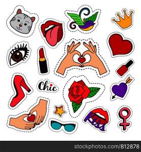 Fashion quirky patches set with woman lips, hearts, bird and hands on white background. Vector colored stickers or badges collection. Fashion quirky patches set
