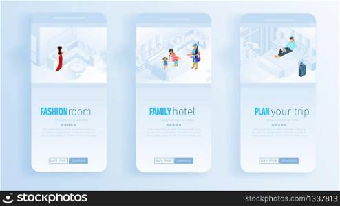 Fashion Room Family Hotel Plan Trip Banners. Online Booking Modern Apartment Vector Illustration. Reservation Business Trip Tourism Vacation Application Website Landing Page Social Media. Fashion Room Family Hotel Plan Trip Social Media
