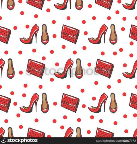 Fashion seamless pattern. Fashion seamless pattern with red stylish shoes and clutch on polka dots backdrop