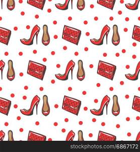 Fashion seamless pattern. Fashion seamless pattern with red stylish shoes and clutch on polka dots backdrop