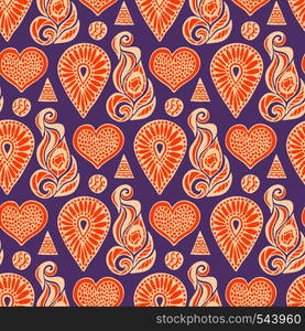 Fashion seamless pattern with ethnic lace element and crystals in orange, purple colors . Used for wallpaper, pattern fills, packaging design, textile. Fashion seamless pattern with ethnic lace element and crystals in orange, purple colors