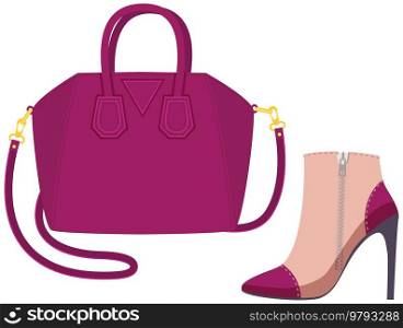 Fashion shoes and bag isolated on white. Stylish elements of women s wardrobe in casual style beige heeled boots and pink handbag, footwear and pouch, female accessories fashionable trendy collection. Fashion shoes and bag isolated on white. Stylish elements of women s wardrobe in casual trendy style