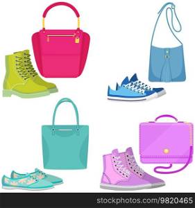Fashion shoes and bags isolated on white. Stylish elements of women’s wardrobe in casual youth style color matched pairs of handbags and footwear, female accessories fashionable trendy collection. Fashion shoes and bags isolated on white. Stylish elements of women’s wardrobe in casual youth style