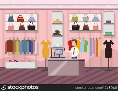 Fashion Shop Super Market Female Clothes Shopping Mall Interior Banner With Copy Space cartoon. Fashion Shop Super Market Female Clothes Shopping Mall Interior Banner With Copy Space cartoon Vector Illustration