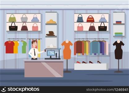 Fashion Shop Super Market Female Clothes Shopping Mall Interior Banner With Copy Space cartoon. Fashion Shop Super Market Female Clothes Shopping Mall Interior Banner With Copy Space cartoon Vector Illustration