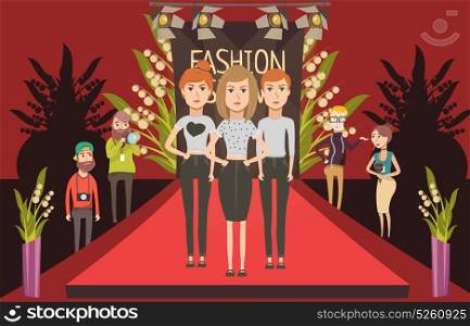 Fashion Show Catwalk Composition. Catwalk fashion set flat composition with doodle female models and journalists photographer characters on red carpet vector illustration