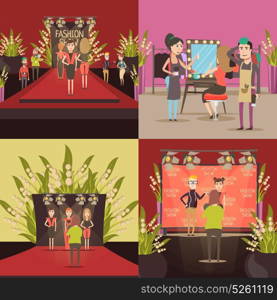 Fashion Show Design Concept. Catwalk fashion concept with four square compositions of doodle models celebrities hair stylists and photogapher characters vector illustration