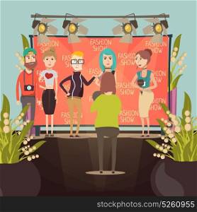 Fashion Show Interview Composition. Catwalk fashion set flat background composition with interviewers and model characters in front of advertising banner vector illustration