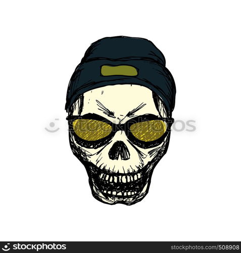 Fashion skull with glasses and hat,hand drawn vector illustration. Fashion skull with glasses and hat