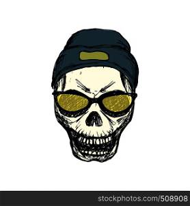 Fashion skull with glasses and hat,hand drawn vector illustration. Fashion skull with glasses and hat