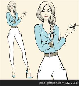 Fashion standing woman emotions in poses isolated vector illustration