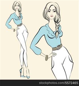 Fashion standing woman emotions in poses isolated vector illustration