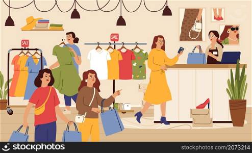 Fashion store. Female shop, outlet or sale in boutique. Women shopping, person buy dress t-shirt shoes vector illustration. Boutique and shop, fashion shopping consumer. Fashion store. Female shop, outlet or sale in boutique. Women shopping, person buy dress t-shirt shoes vector illustration