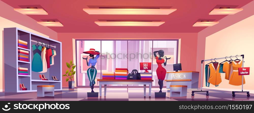 Fashion store interior with counter, mannequins, hangers and showcase with dresses and shoes. Vector cartoon illustration of boutique inside, clothes shop with discount. Fashion store interior with counter and mannequins