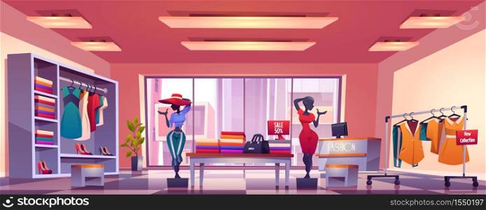 Fashion store interior with counter, mannequins, hangers and showcase with dresses and shoes. Vector cartoon illustration of boutique inside, clothes shop with discount. Fashion store interior with counter and mannequins