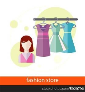 Fashion Store. Set of summer and autumn dresses clothes for office in fashion store. Concept in flat design. Icons on white background