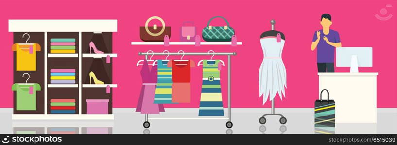 Fashion Store Shop Dresses Clothes.. Hangers and shelves with female clothes and accessories. Female clothing store illustration. Man behind counter of store. People shopping, marketing people, customer in mall, retail store illustration