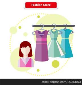 Fashion store shop with dresses clothes. Set of summer and autumn dresses clothes for office in fashion store. Store fashion, clothing store, fashion shopping, fashion boutique, shopping, retail store