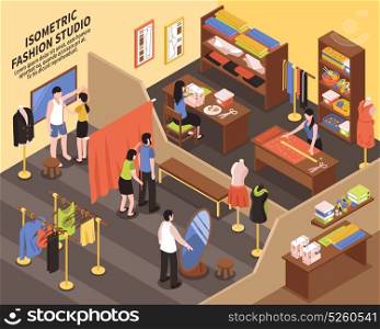 Fashion Studio Isometric Illustration. Fashion studio composition with staff customers furniture and sewing supplies isometric icons vector illustration