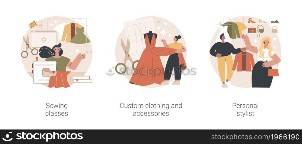 Fashion style abstract concept vector illustration set. Sewing classes, custom clothing and accessories, personal stylist, design studio, hand craft, fashion collection, hobby abstract metaphor.. Fashion style abstract concept vector illustrations.